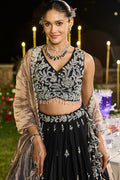 Black Satin Silk Floral Embroidered Lehenga Set with Dupatta RTI