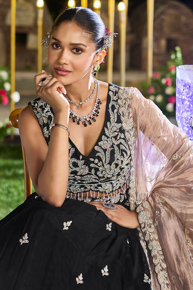 Black Satin Silk Floral Embroidered Lehenga Set with Dupatta RTI