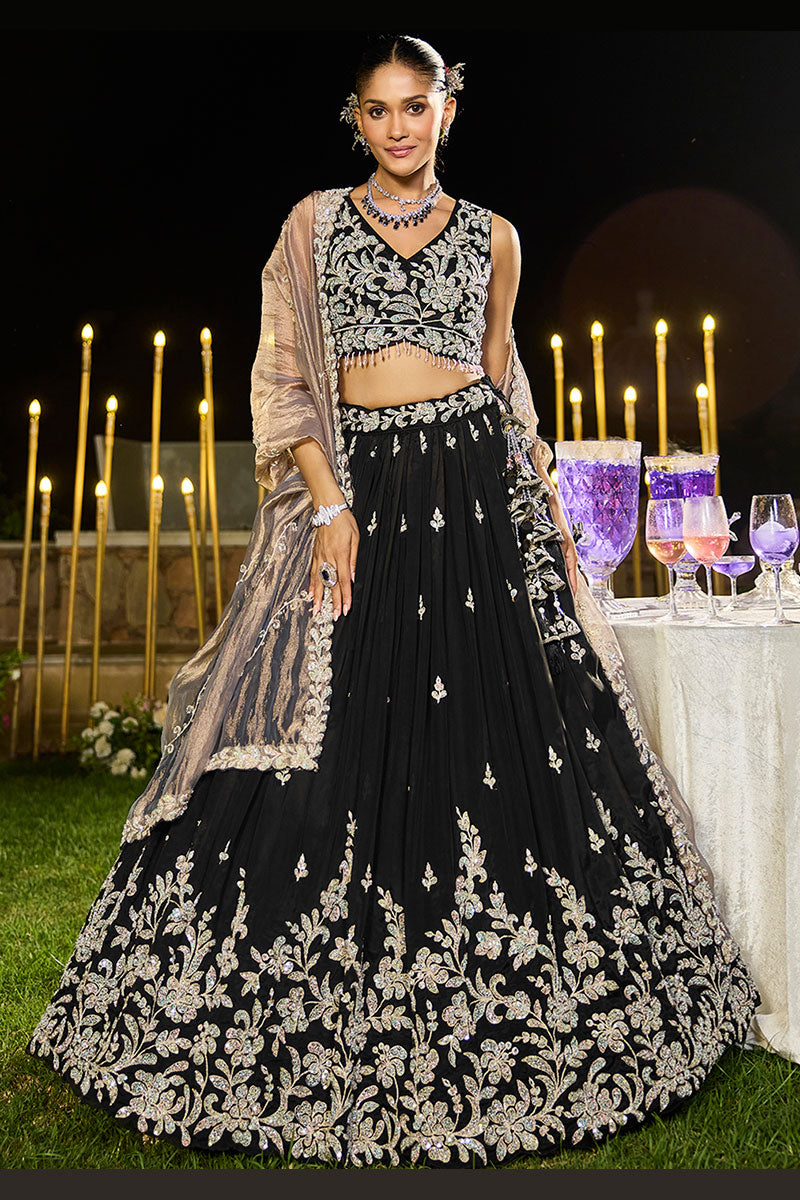 Black Satin Silk Floral Embroidered Lehenga Set with Dupatta RTI
