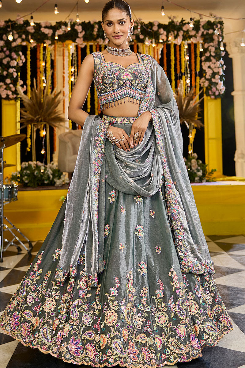 Green Tissue Floral Embroidered Lehenga Set with Dupatta RTI