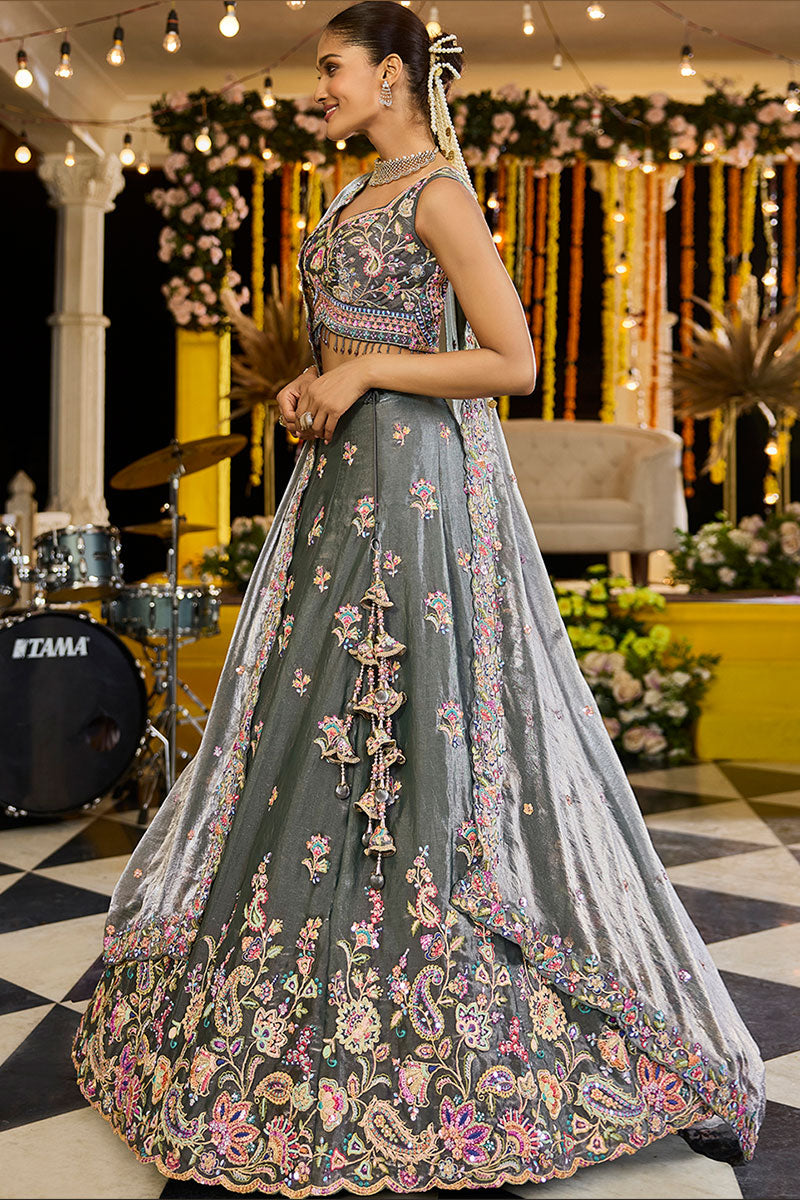 Green Tissue Floral Embroidered Lehenga Set with Dupatta RTI