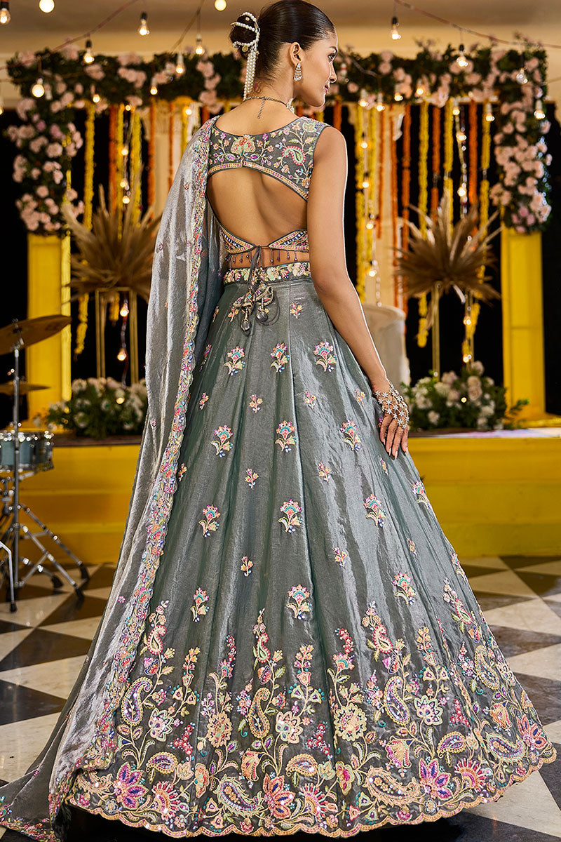 Green Tissue Floral Embroidered Lehenga Set with Dupatta RTI