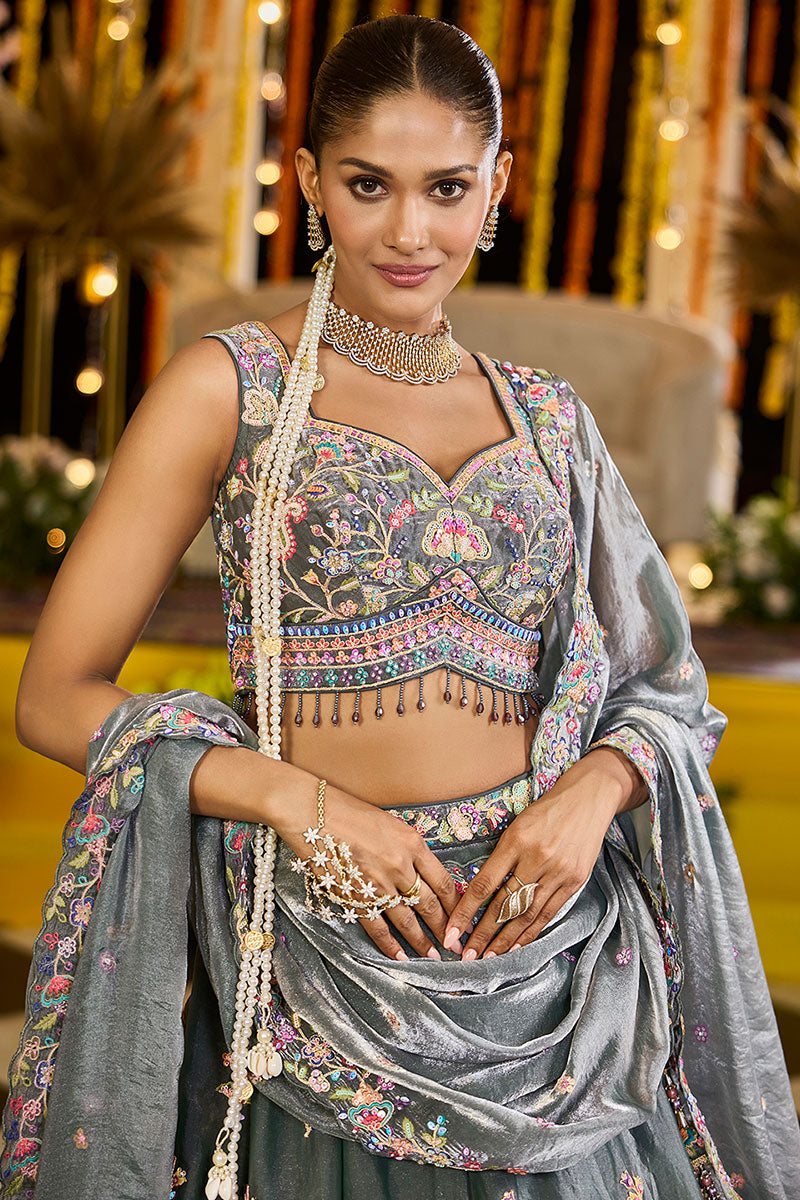 Green Tissue Floral Embroidered Lehenga Set with Dupatta RTI