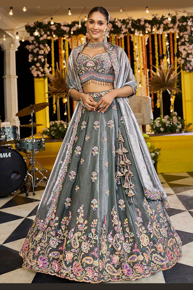 Green Tissue Floral Embroidered Lehenga Set with Dupatta RTI