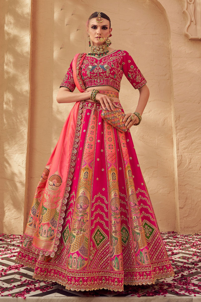 Rani Pink Royal Banarasi Silk Embroidered Lehenga Set RTI