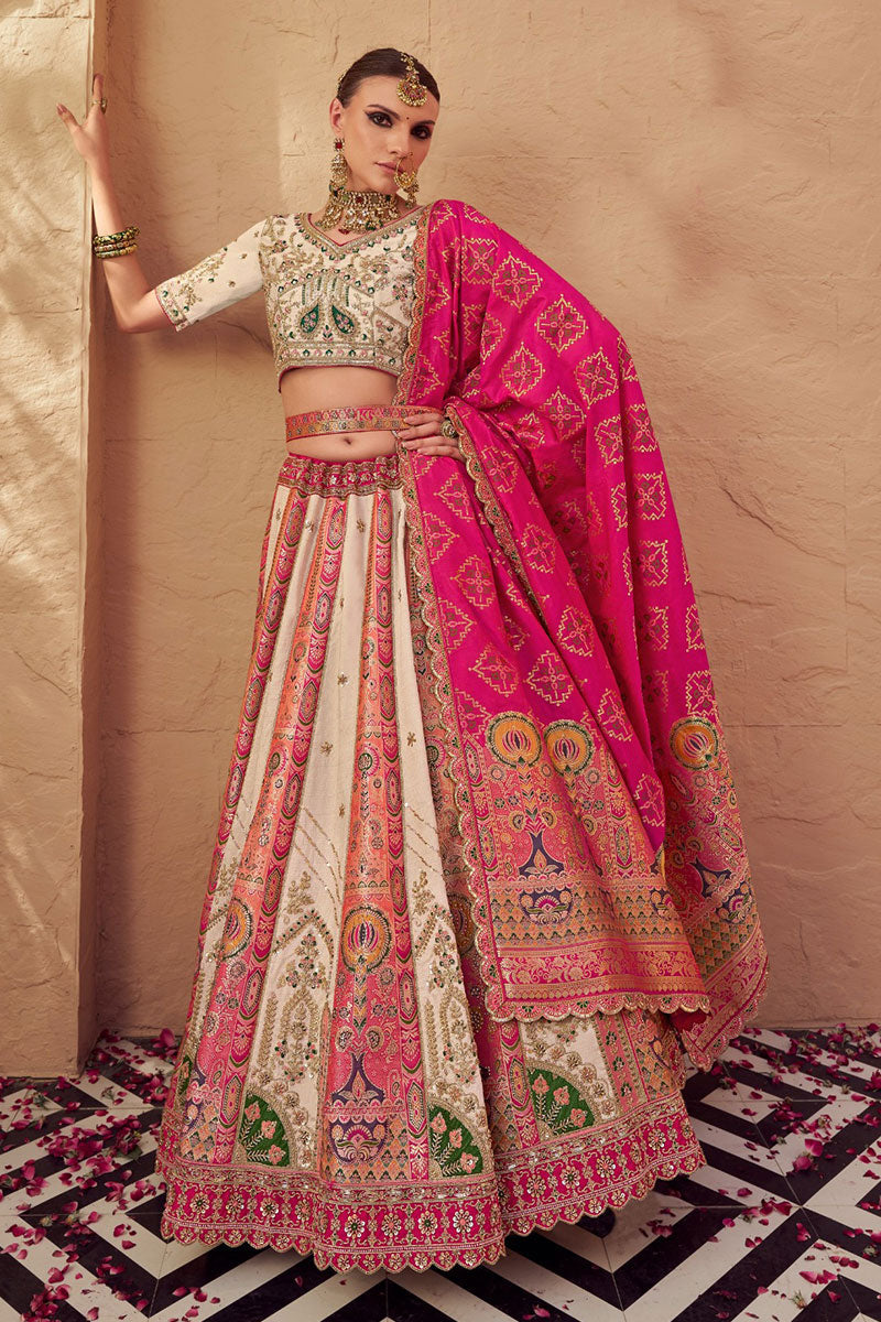Multi Colour Traditional Banarasi Lehenga Set with Zari & Thread Work RTI