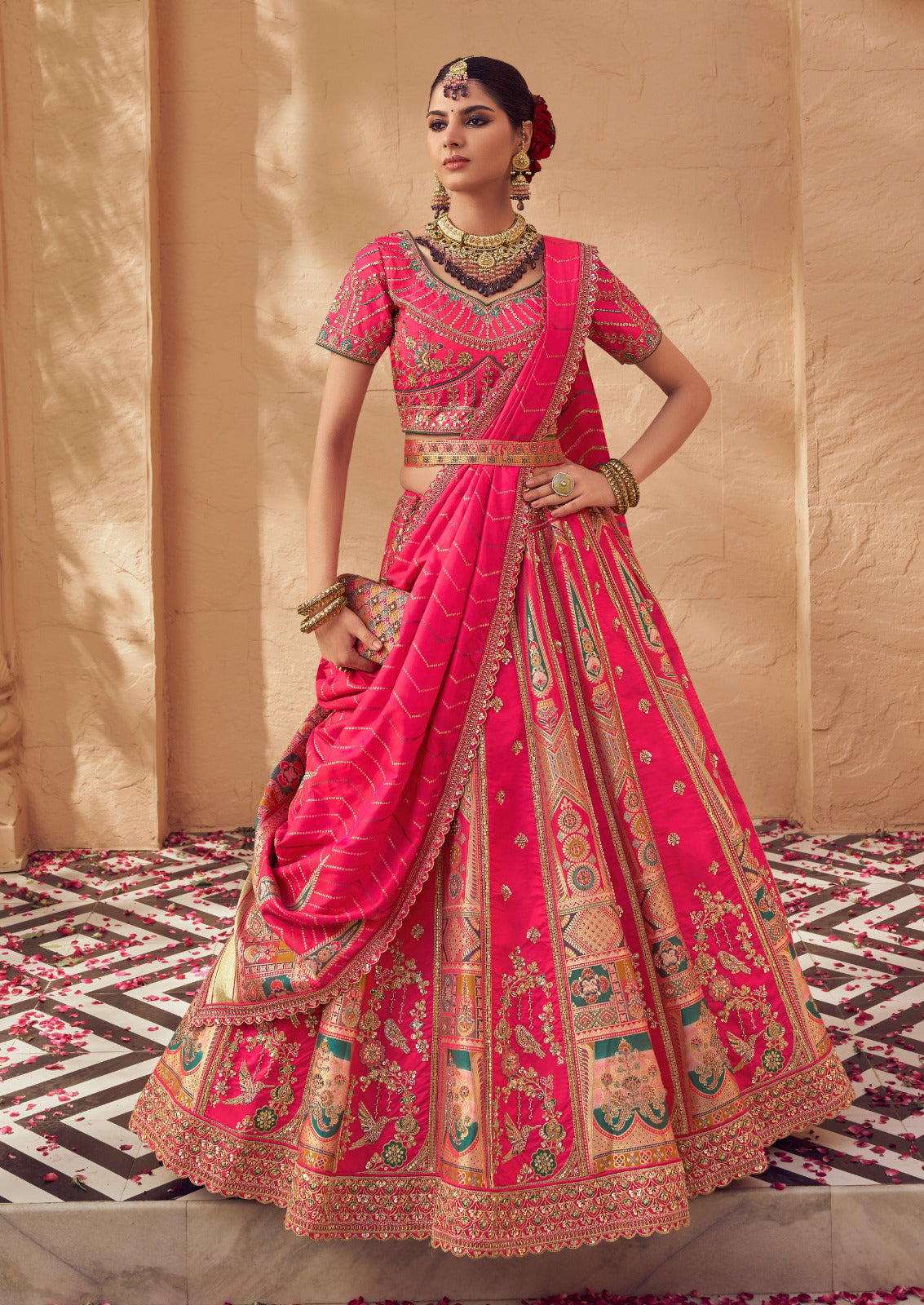 Rani Pink Banarasi Silk Lehenga Set – Wedding & Festival Outfit RTI