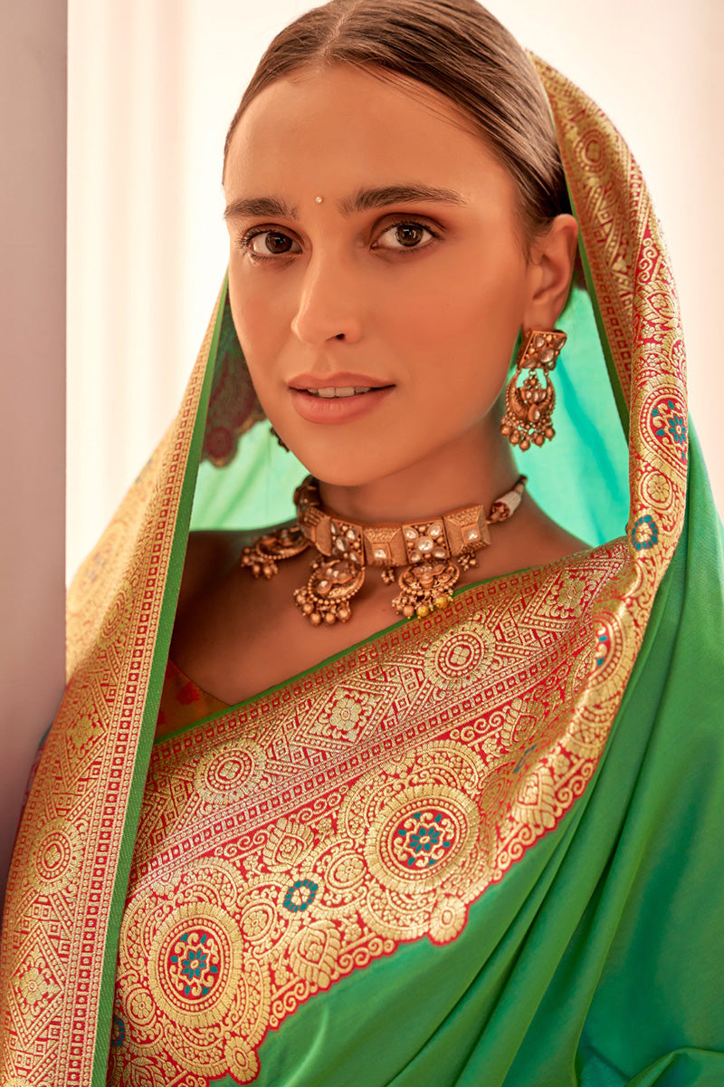 Graceful Green & Pink Premium Soft Silk Saree – Wedding & Party Look RTI
