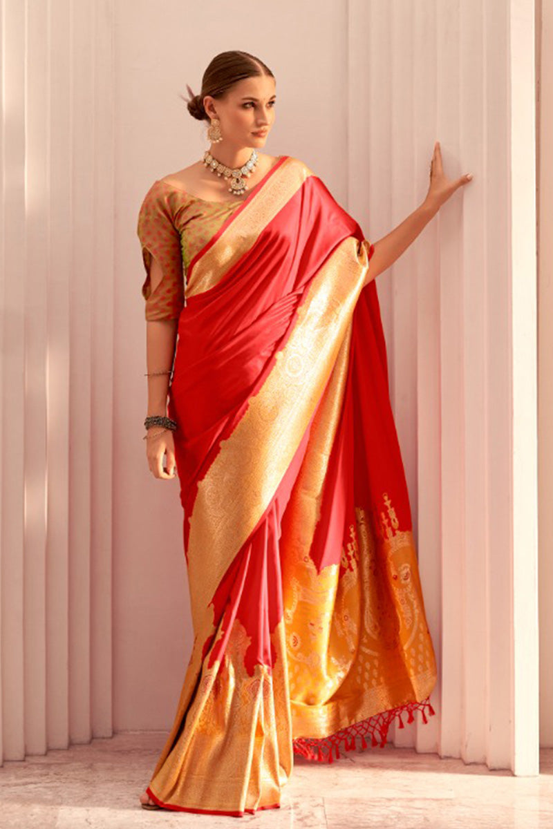 Red & Brown Banarasi Silk Saree – Traditional Festive Wear RTI