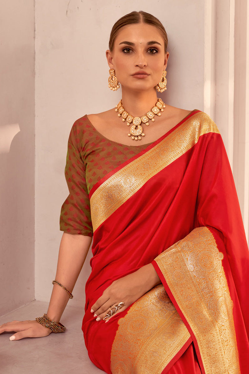 Red & Brown Banarasi Silk Saree – Traditional Festive Wear RTI