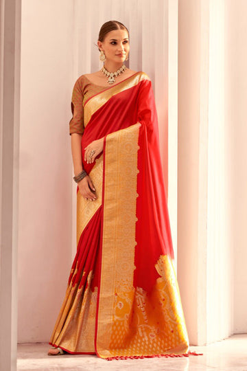 Red & Brown Banarasi Silk Saree – Traditional Festive Wear RTI