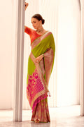 Stunning Banarasi Soft Saree in Green & Pink – Silk Party Saree RTI