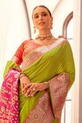 Stunning Banarasi Soft Saree in Green & Pink – Silk Party Saree RTI