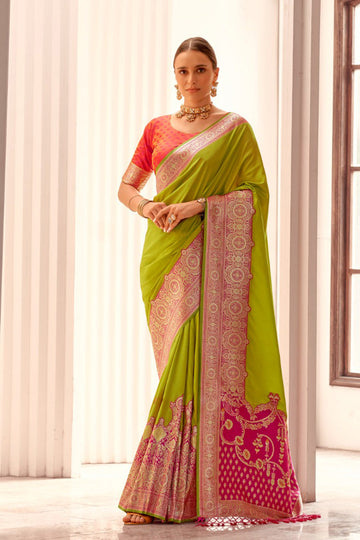 Stunning Banarasi Soft Saree in Green & Pink – Silk Party Saree RTI