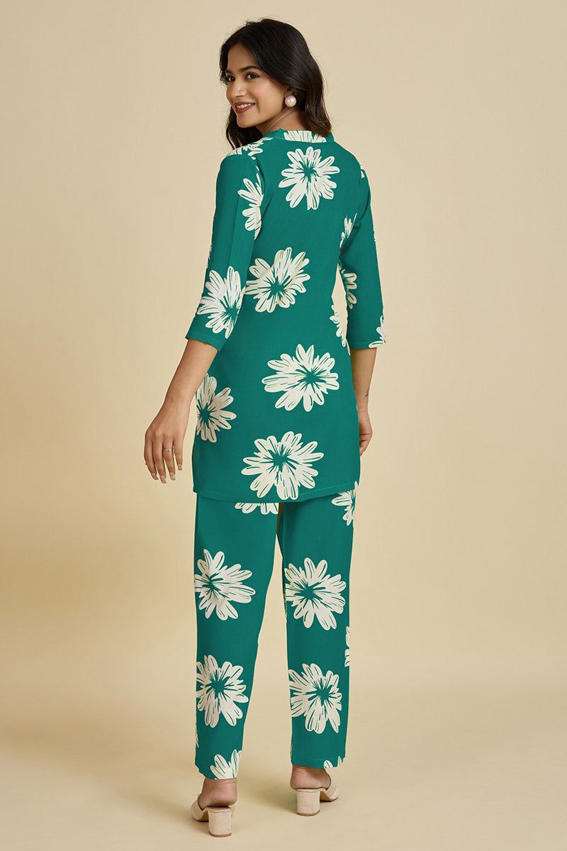 Elegant Teal Floral Kurta Co-ord Set for Women | Summer Ethnic Wear UK PR