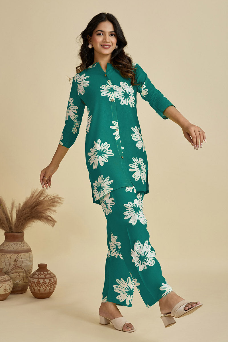Elegant Teal Floral Kurta Co-ord Set for Women | Summer Ethnic Wear UK PR