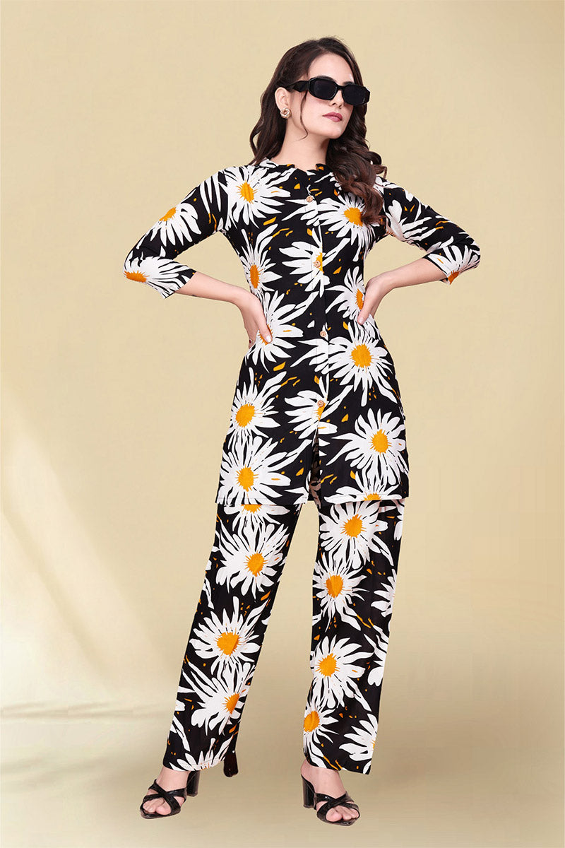 Comfort Fit Black Floral Kurta Co-ord | Indo-Western Set for Women PR
