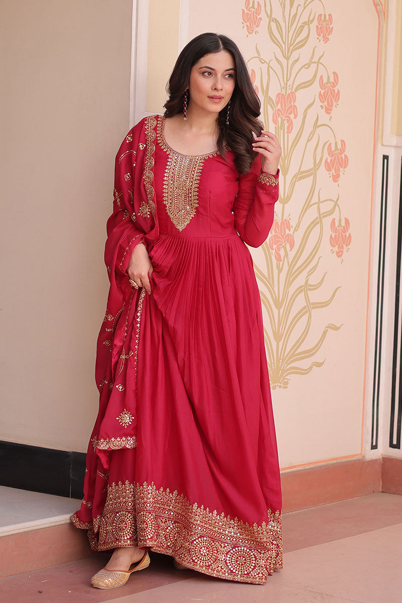 Elegant Pink Anarkali Suit with Embroidered Dupatta RTI