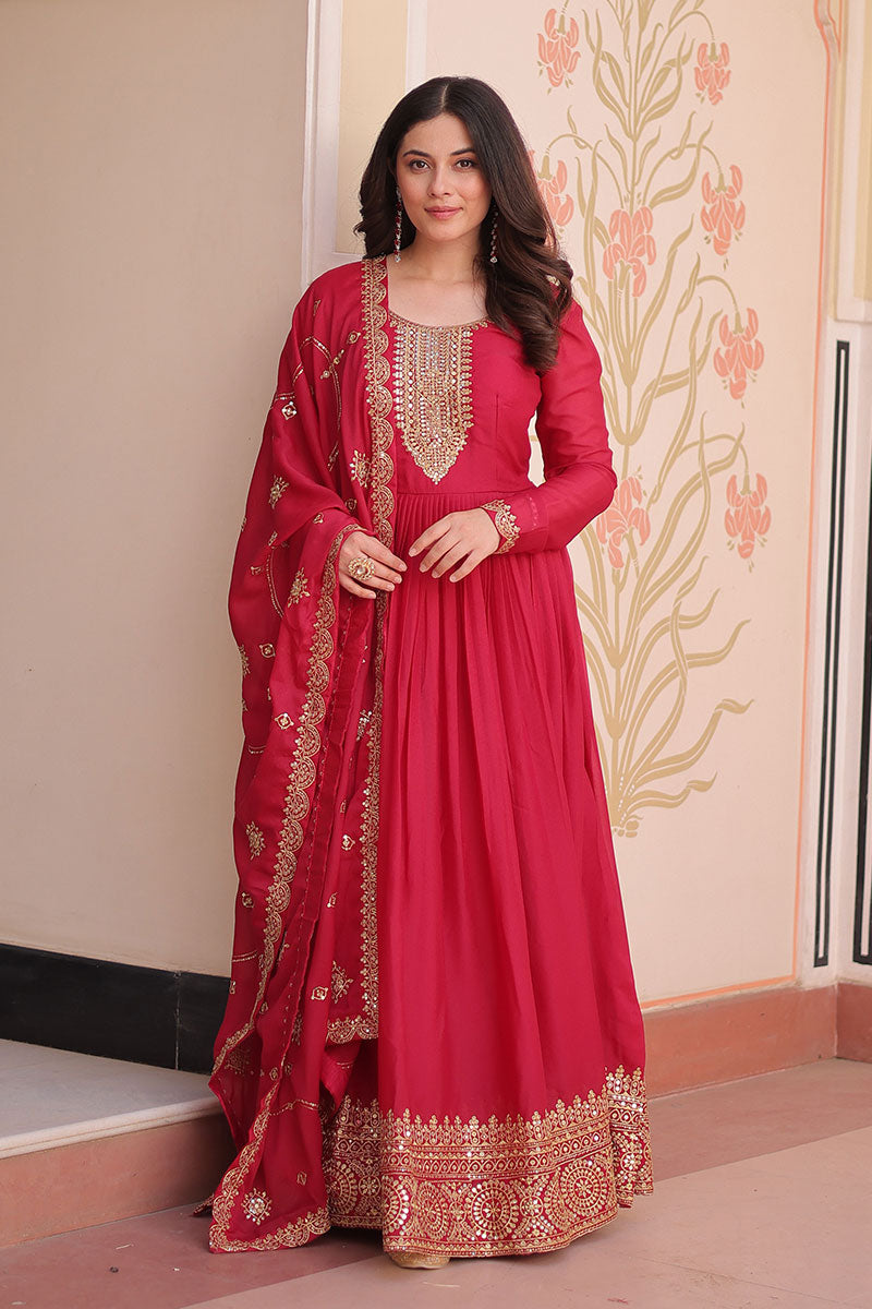 Elegant Pink Anarkali Suit with Embroidered Dupatta RTI
