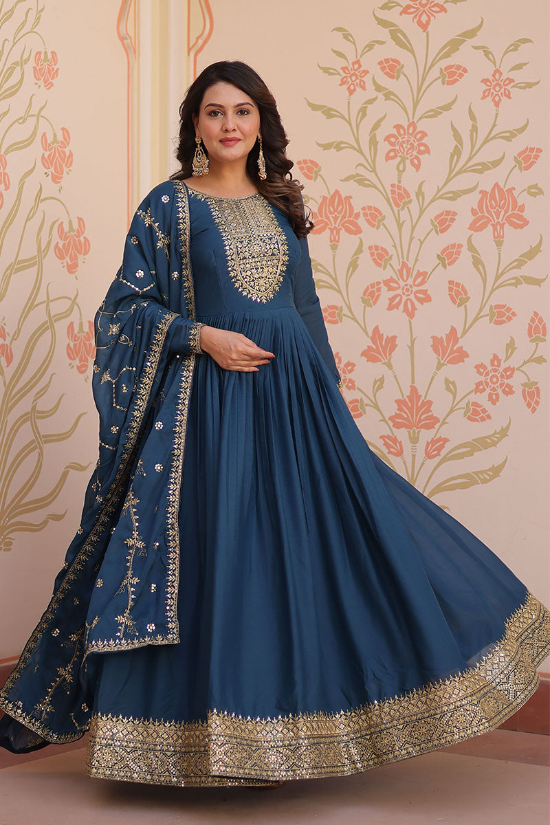 Designer Anarkali Suit with Embroidered Dupatta in Rama Blue RTI