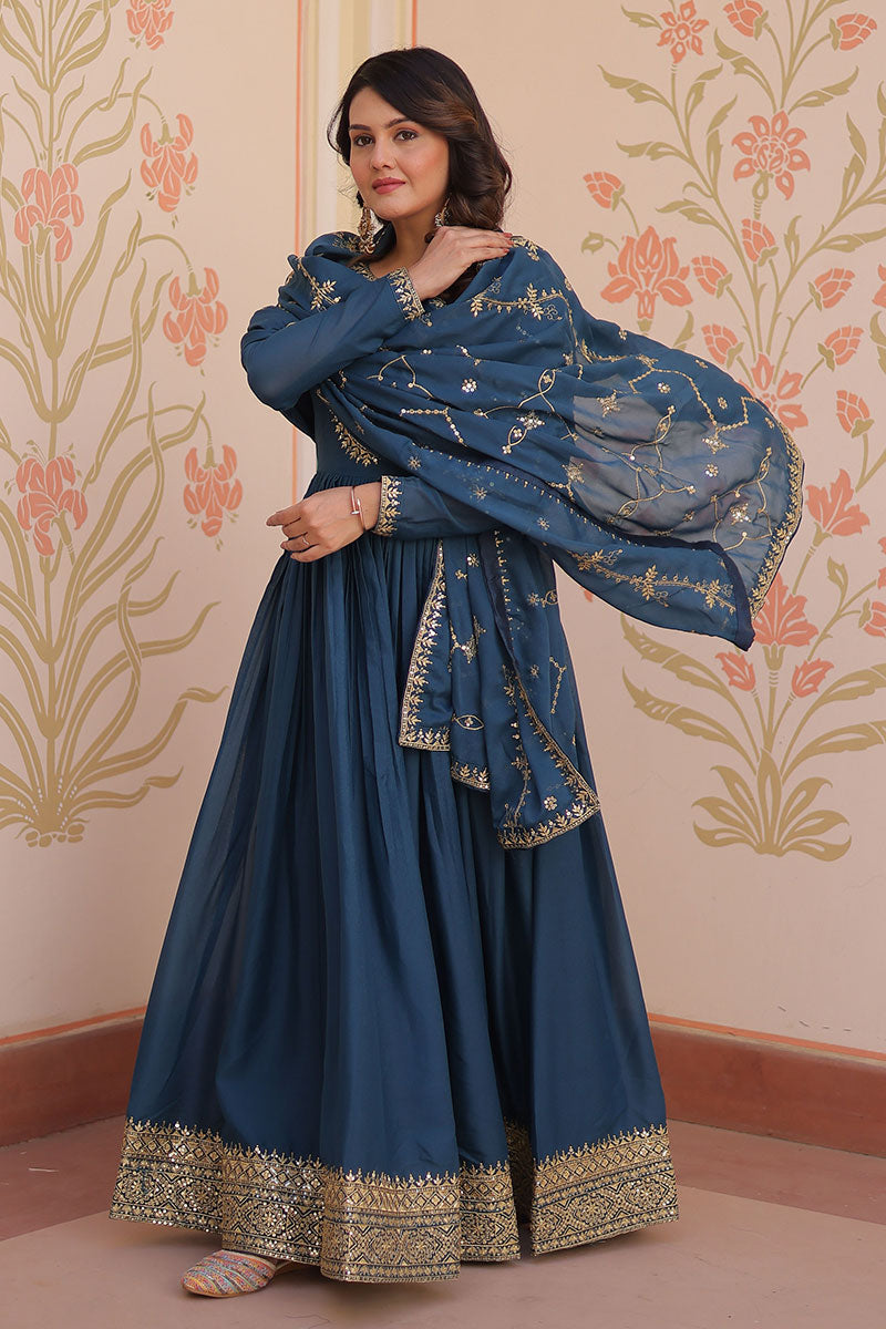 Designer Anarkali Suit with Embroidered Dupatta in Rama Blue RTI