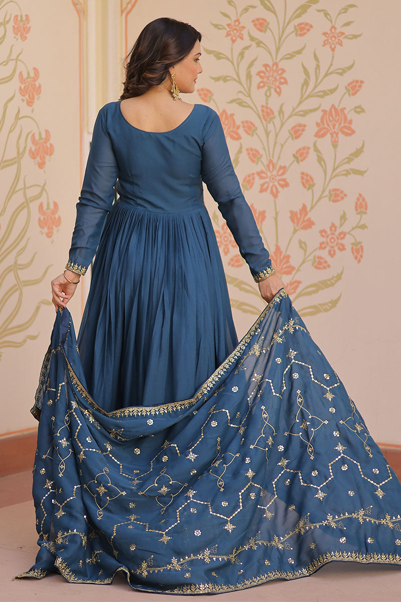 Designer Anarkali Suit with Embroidered Dupatta in Rama Blue RTI