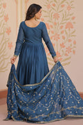 Designer Anarkali Suit with Embroidered Dupatta in Rama Blue RTI