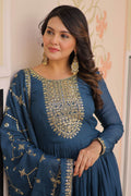 Designer Anarkali Suit with Embroidered Dupatta in Rama Blue RTI