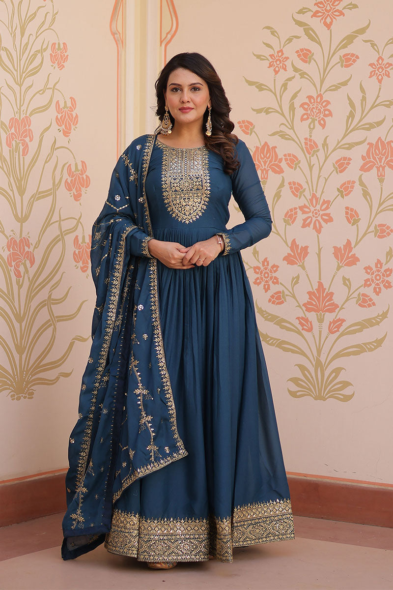 Designer Anarkali Suit with Embroidered Dupatta in Rama Blue RTI