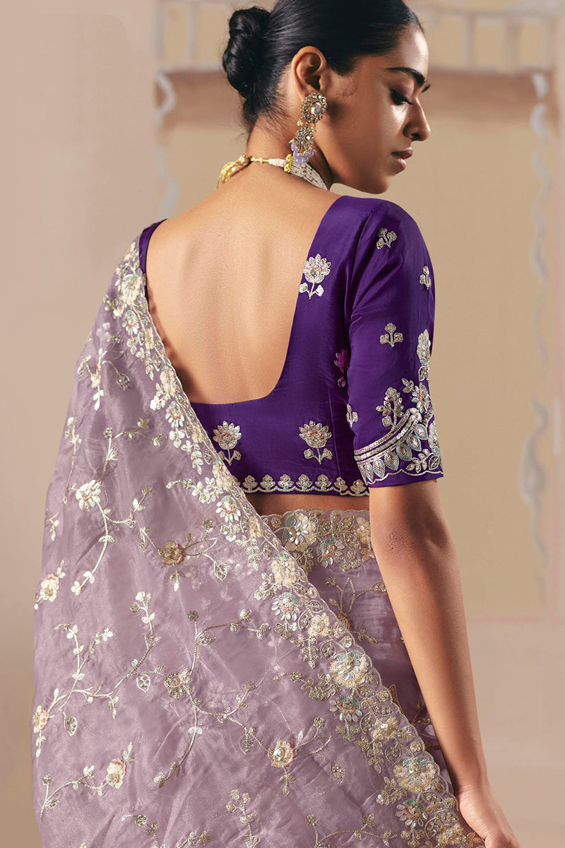 Lavender Embroidered Organza Saree with Contrast Blouse RTI