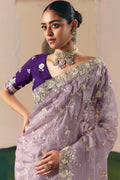 Lavender Embroidered Organza Saree with Contrast Blouse RTI