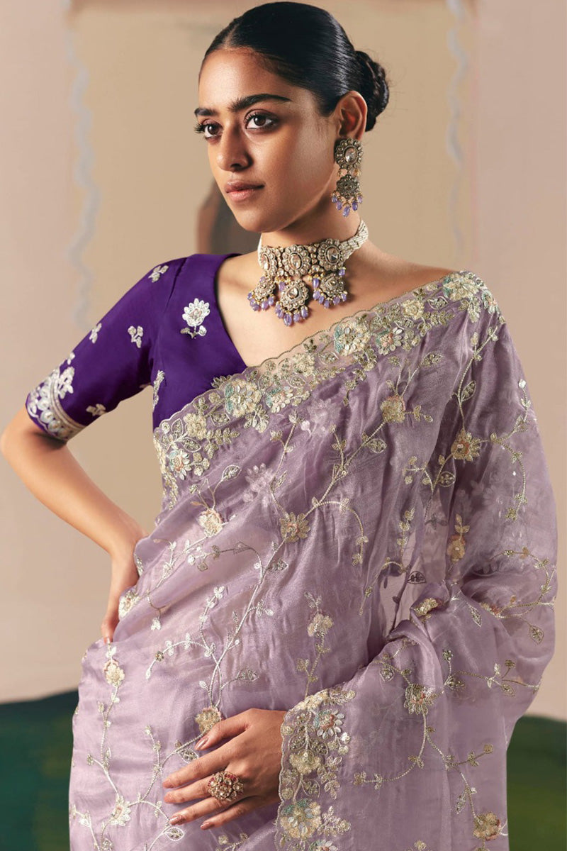 Lavender Embroidered Organza Saree with Contrast Blouse RTI