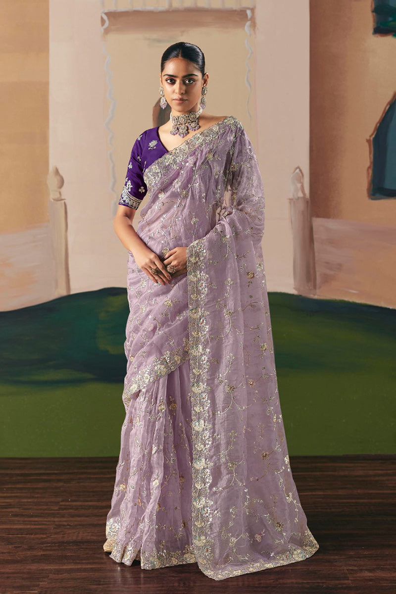 Lavender Embroidered Organza Saree with Contrast Blouse RTI