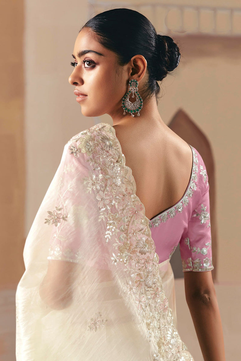 Designer White Embroidered Saree with Light Pink Blouse RTI