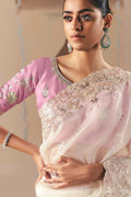 Designer White Embroidered Saree with Light Pink Blouse RTI