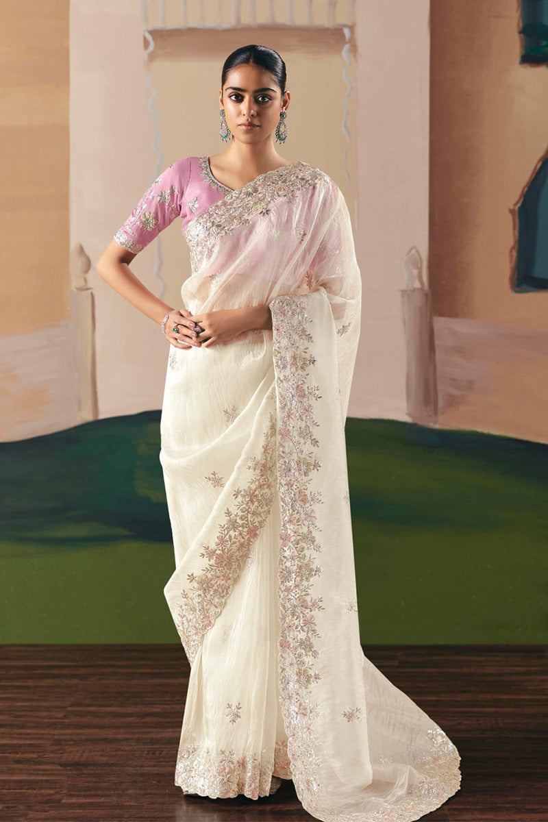 Designer White Embroidered Saree with Light Pink Blouse RTI