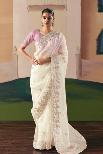 Designer White Embroidered Saree with Light Pink Blouse RTI