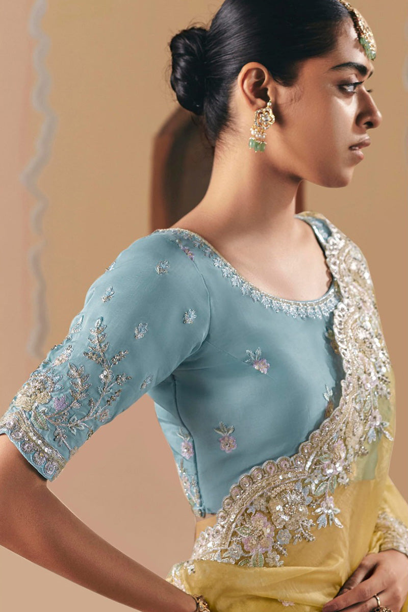 Yellow Organza Saree with Heavy Embroidery for Weddings & Parties RTI