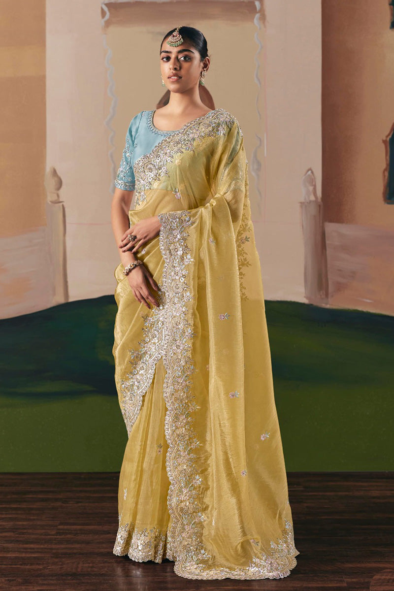 Yellow Organza Saree with Heavy Embroidery for Weddings & Parties RTI