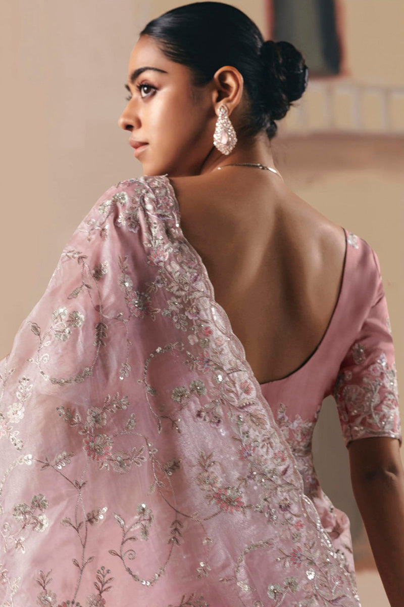 Light Pink Embroidered Saree with Rich Pink Blouse – Elegant Party Wear RTI