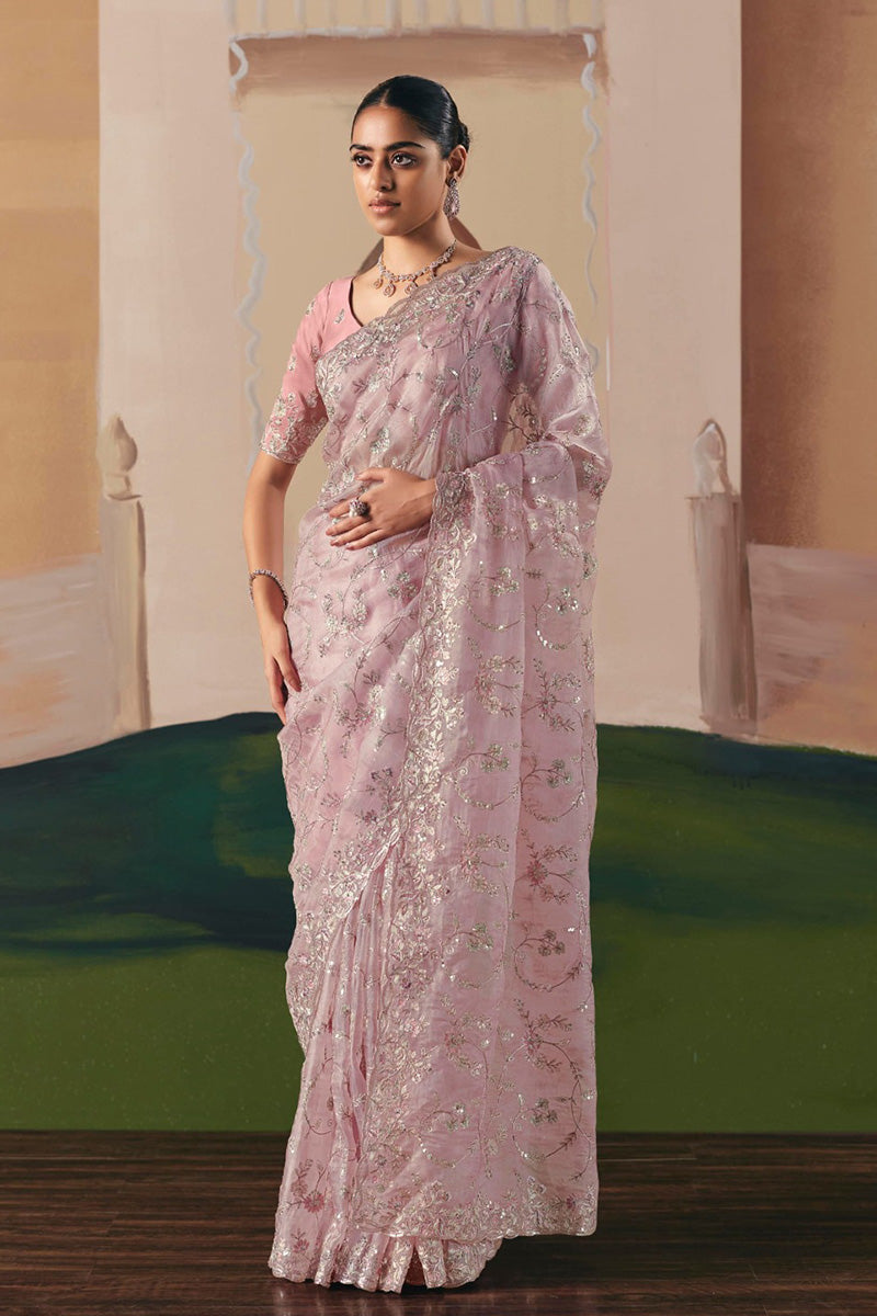 Light Pink Embroidered Saree with Rich Pink Blouse – Elegant Party Wear RTI