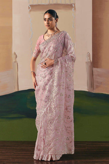 Light Pink Embroidered Saree with Rich Pink Blouse – Elegant Party Wear RTI