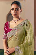 Buy Pista Green Net Saree with Burgundy Blouse Online UK | Party Saree RTI