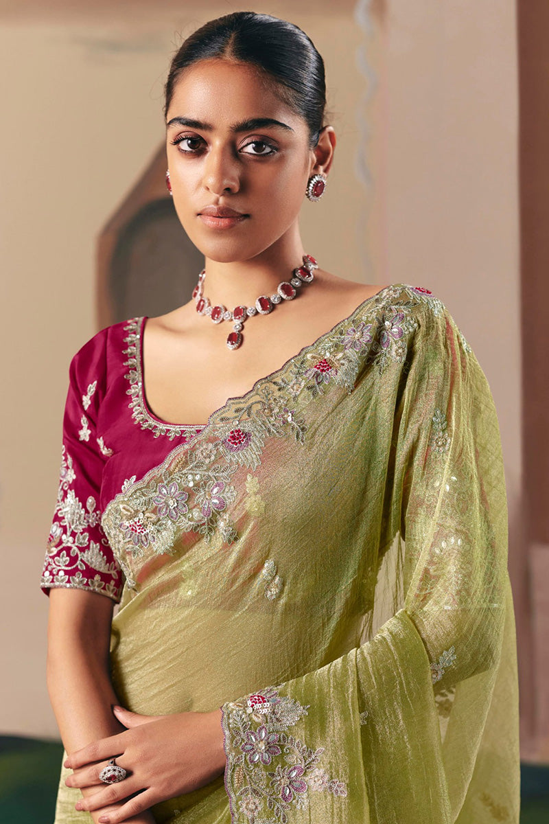 Buy Pista Green Net Saree with Burgundy Blouse Online UK | Party Saree RTI