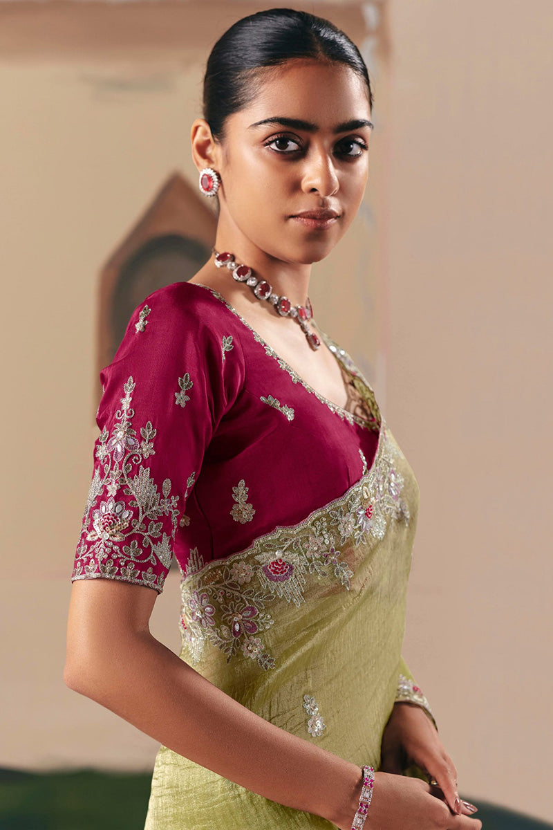 Buy Pista Green Net Saree with Burgundy Blouse Online UK | Party Saree RTI