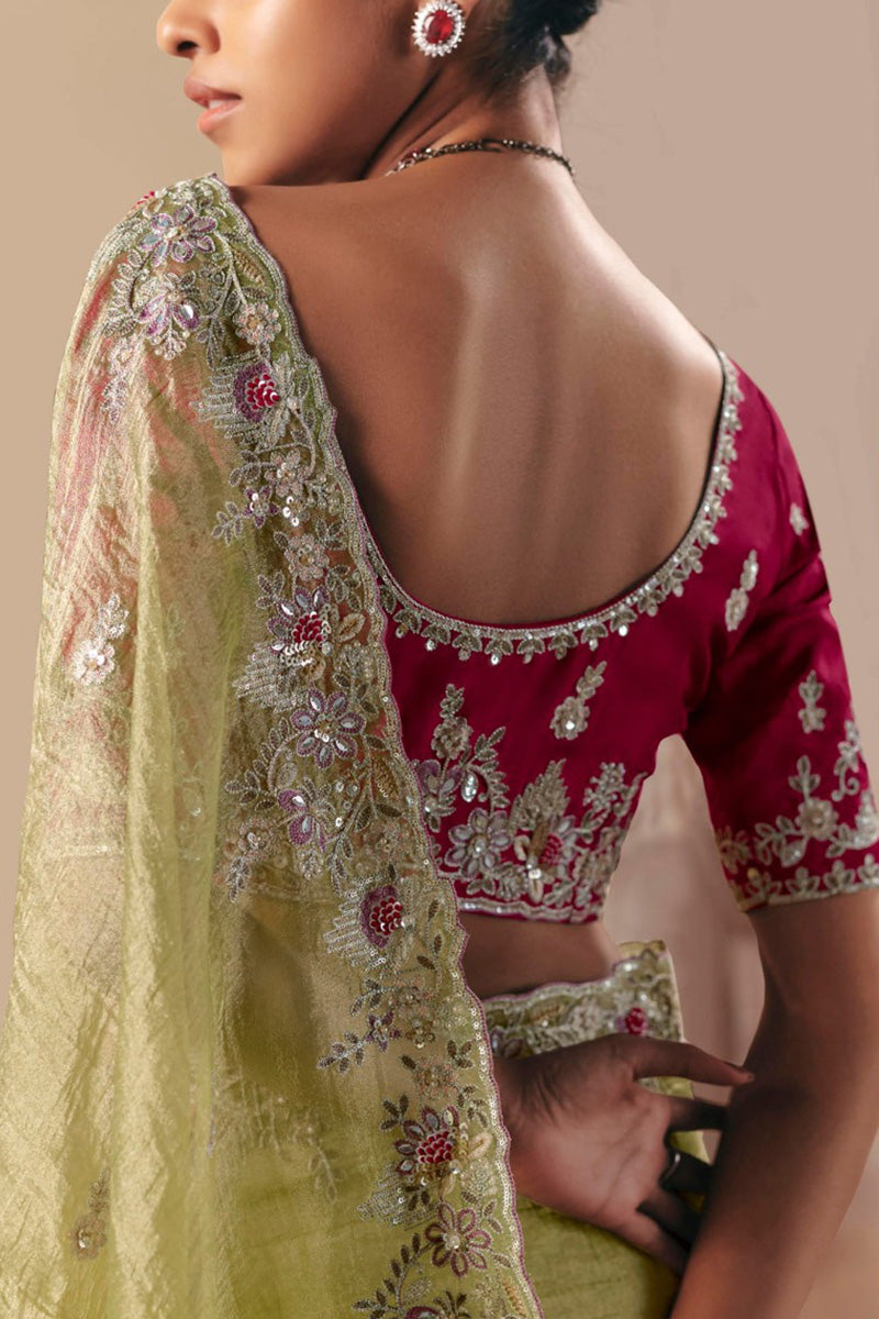 Buy Pista Green Net Saree with Burgundy Blouse Online UK | Party Saree RTI
