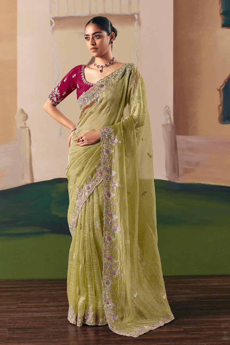Buy Pista Green Net Saree with Burgundy Blouse Online UK | Party Saree RTI