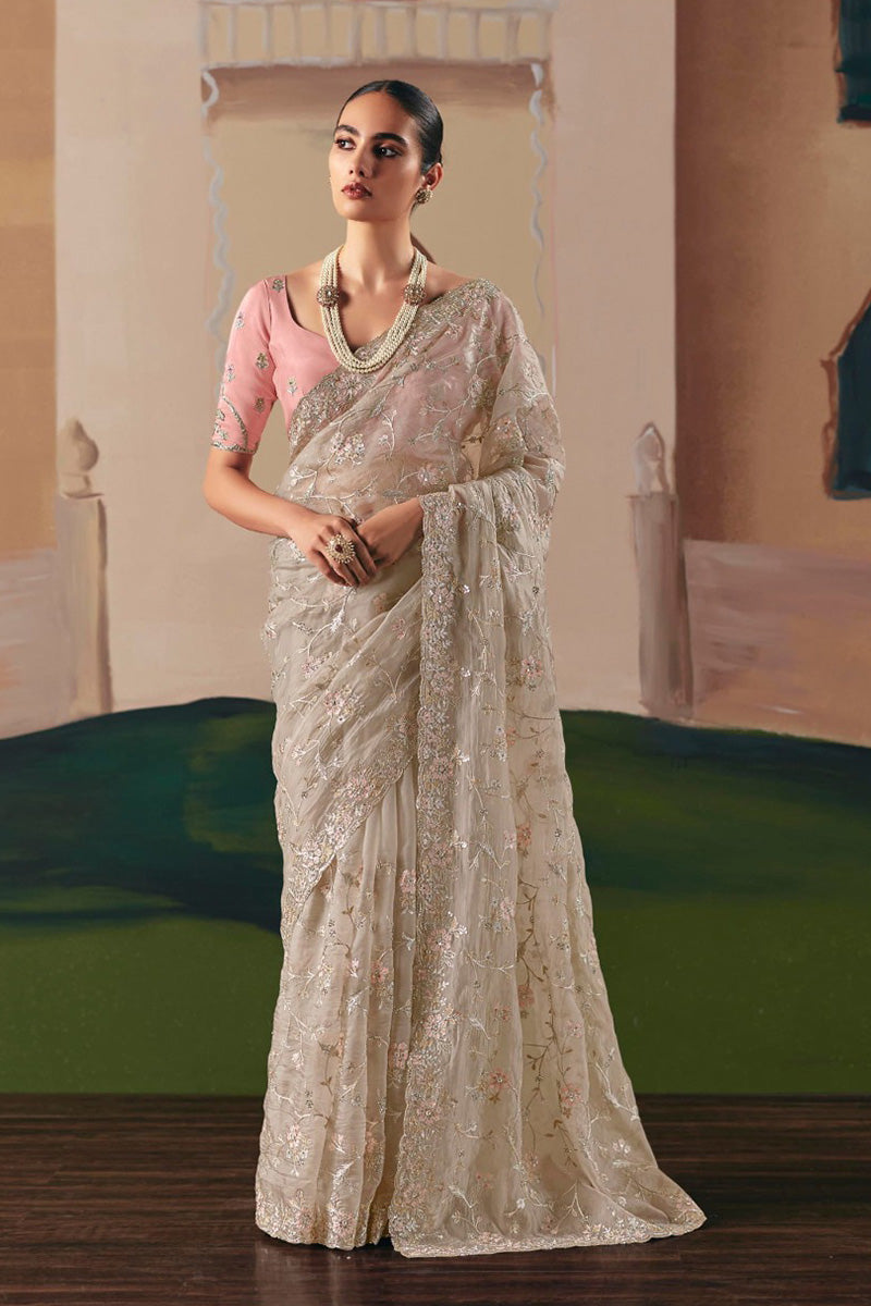 Festive Grey Saree with Zari Embroidery – Party Ready Look RTI