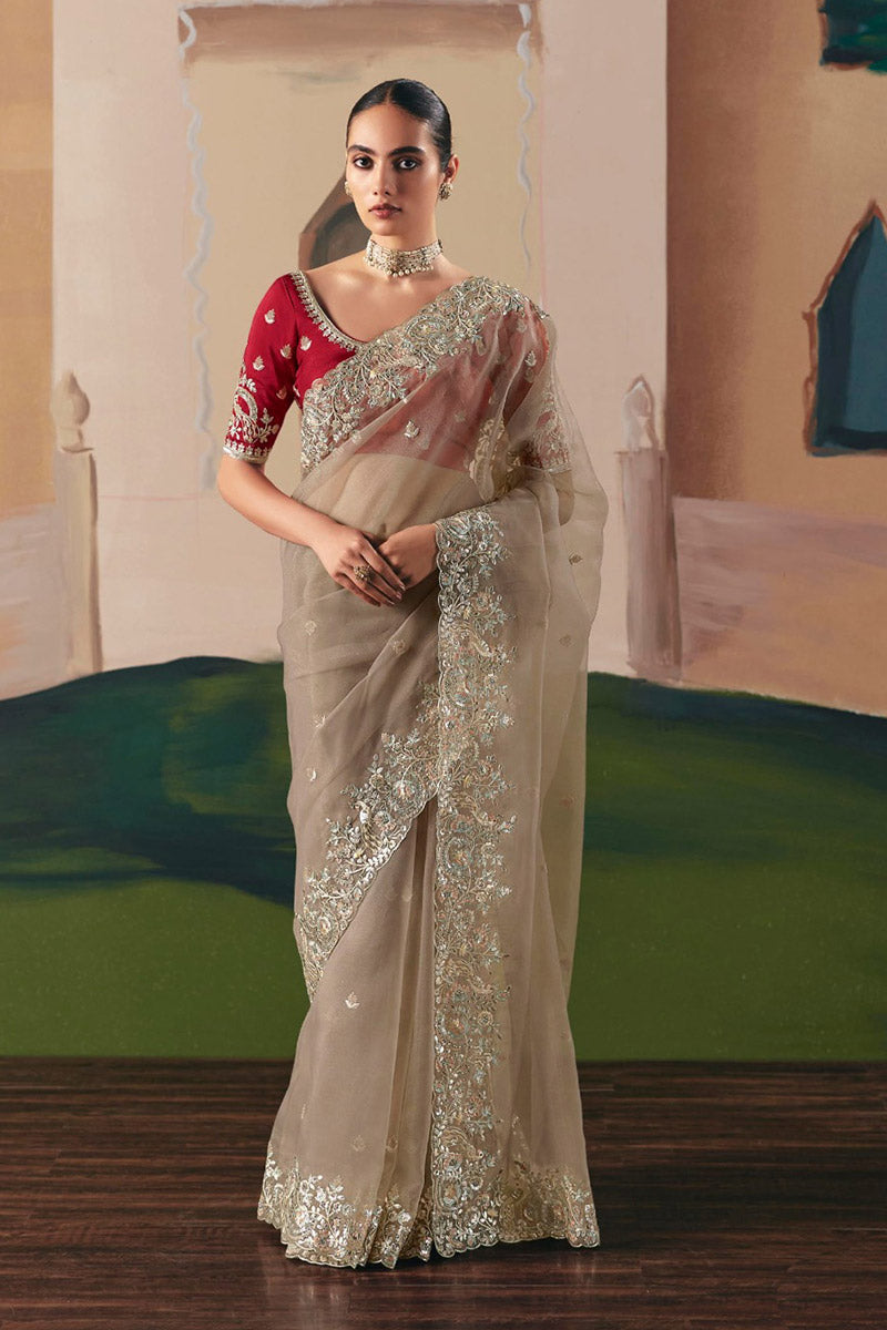Perfect Party Wear Brown Saree with Designer Blouse RTI