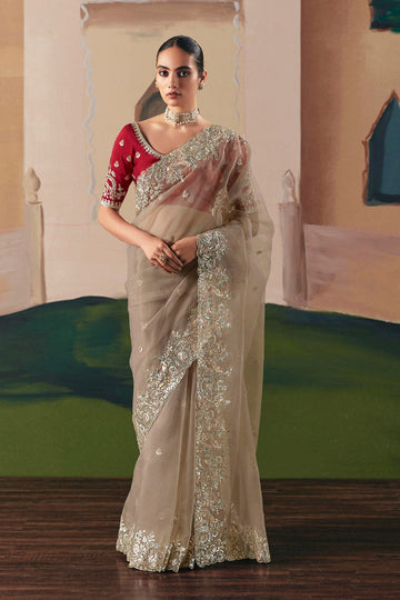 Perfect Party Wear Brown Saree with Designer Blouse RTI